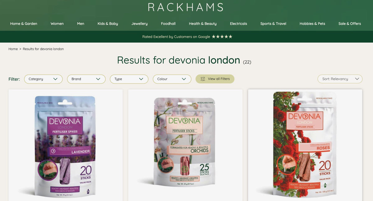 rackhams website showing Devonia London products
