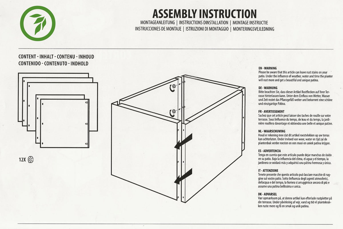 Metal planter plant pot - Rust Corten Steel  - Devonia London, assembly instruction sheet showing a diagram with parts labeled and assembly steps in multiple languages.