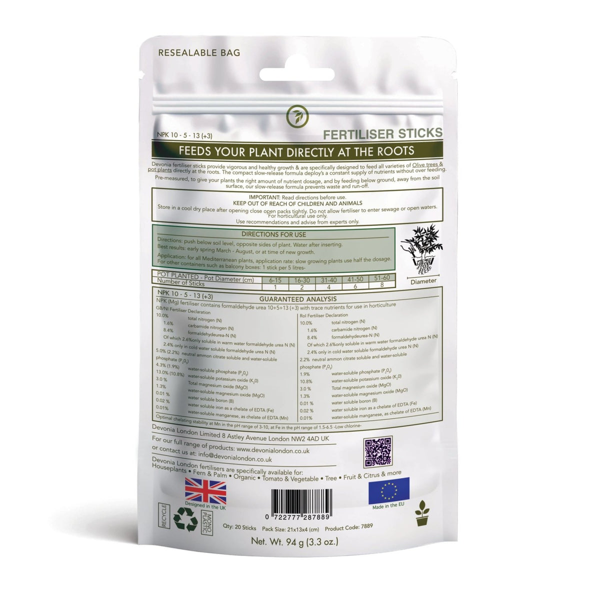 Olive Tree Plant Food Sticks packaging- Devonia London