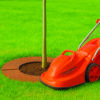 tree protection ring rusty metal_with lawn mower