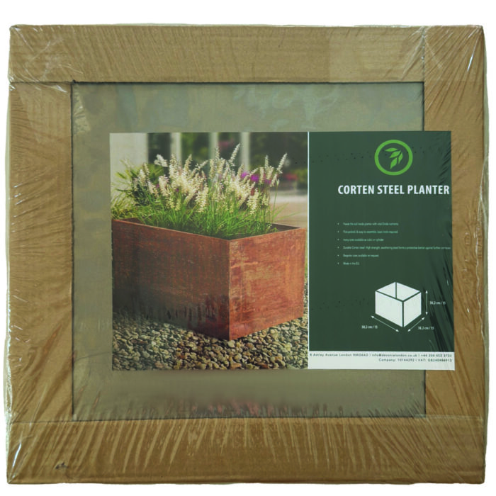 planter_40x60x60 pack shot rusty metal plant pot in packaging
